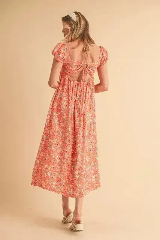 Floral Cutout Back Midi Dress - Square Neck & Puff Sleeves | Femstylo