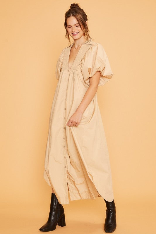 Smocked Puff Sleeve Midi Dress – Chic and Flattering Midi Dress with Puff Sleeves and Smocked Detailing for a Feminine Silhouette