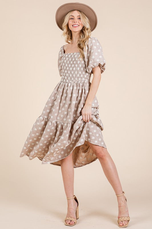 New Floral Embroidered Smocked Puff Sleeve Tiered Midi Dress For Women Elegant,Charming and Feminine Floral Embroidered Midi Dress with Puff Sleeves and Tiered Design