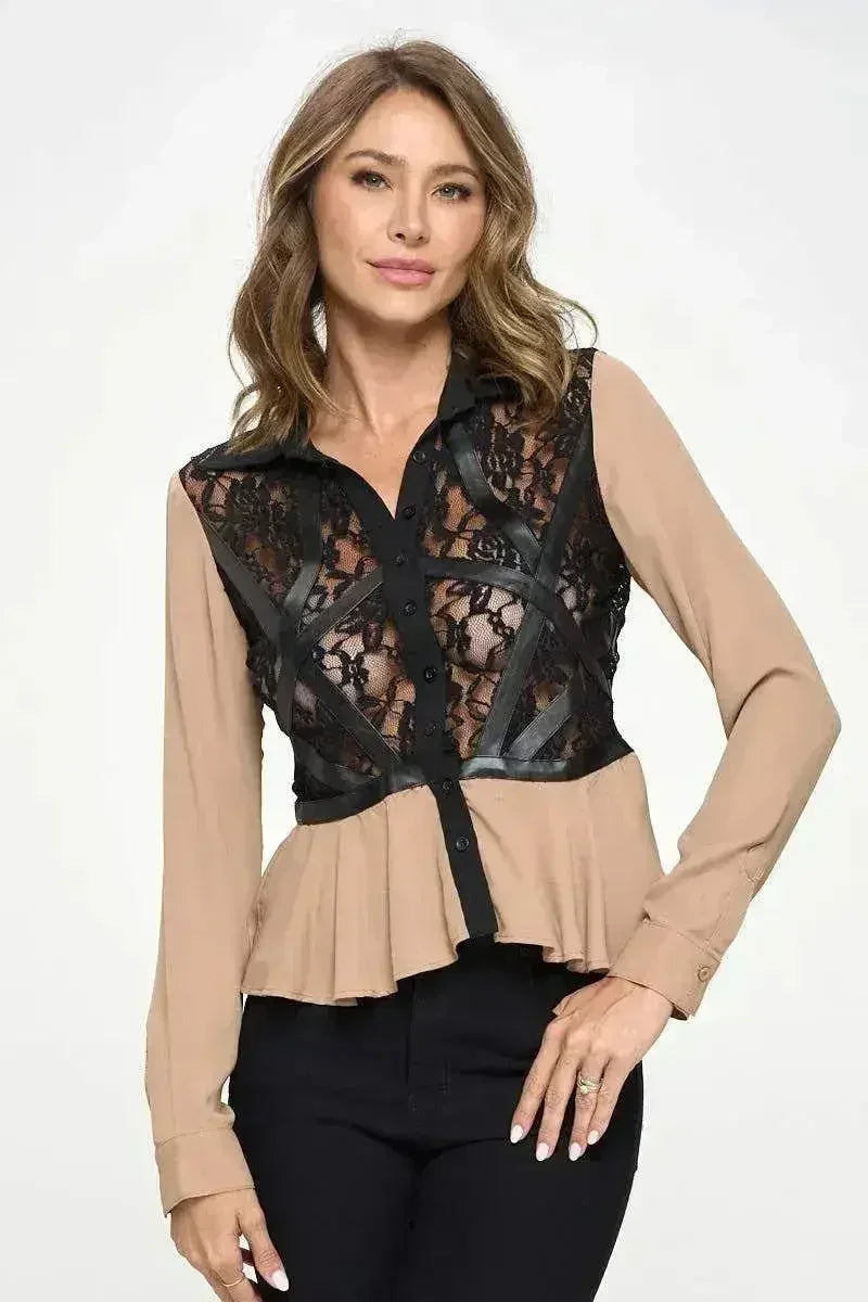 Chic Vegan Leather Peplum Blouse - Color Block Sheer Lace Top | Femstylo