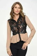 Chic Vegan Leather Peplum Blouse - Color Block Sheer Lace Top | Femstylo