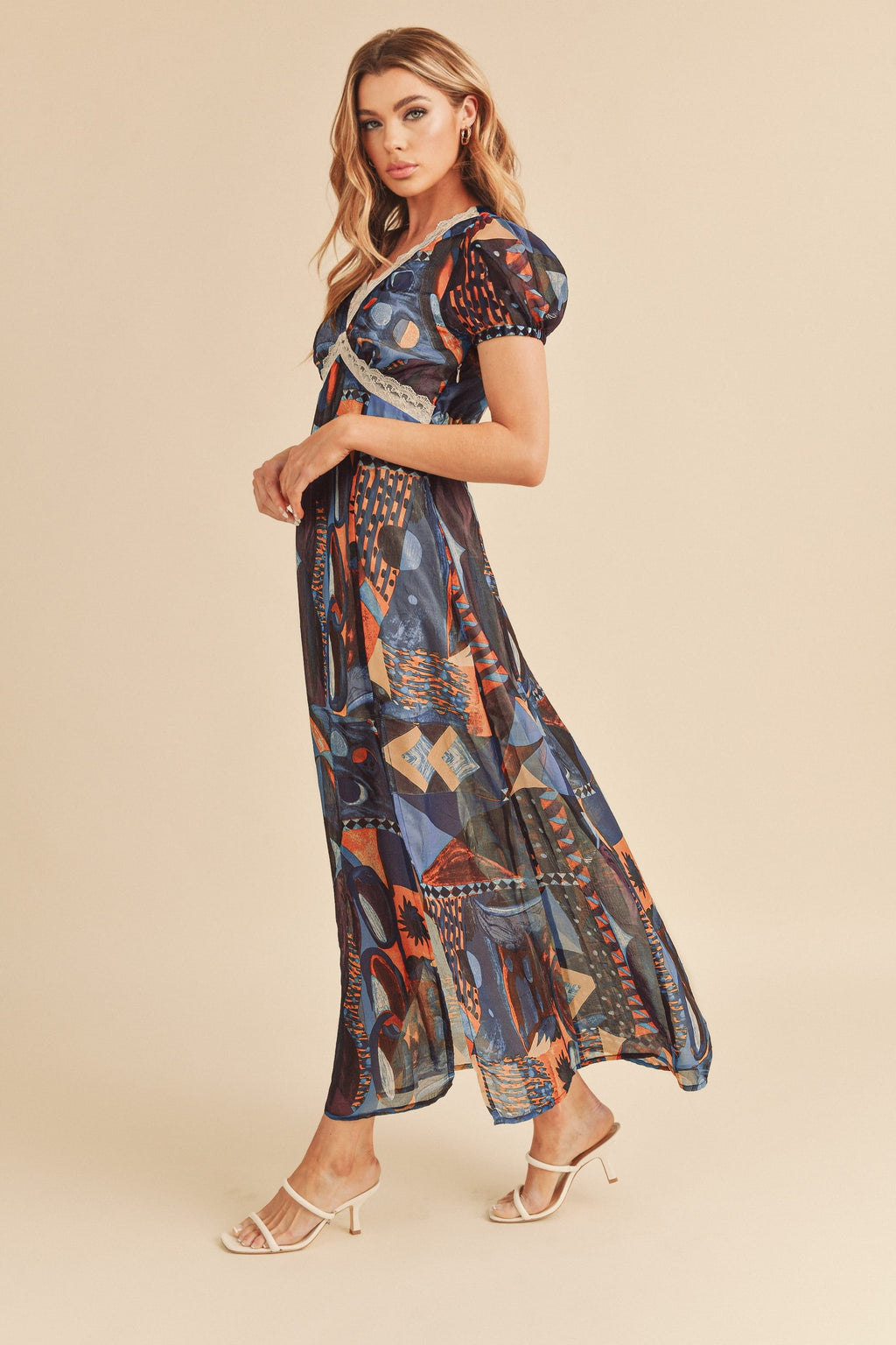 Lace Detail Slit Geometric Print Short Sleeve Comfortable Maxi Dress For Women, Elegant Lace, Alluring Slit, Sophisticated Geometric Print for Casual & Dressy Occasions