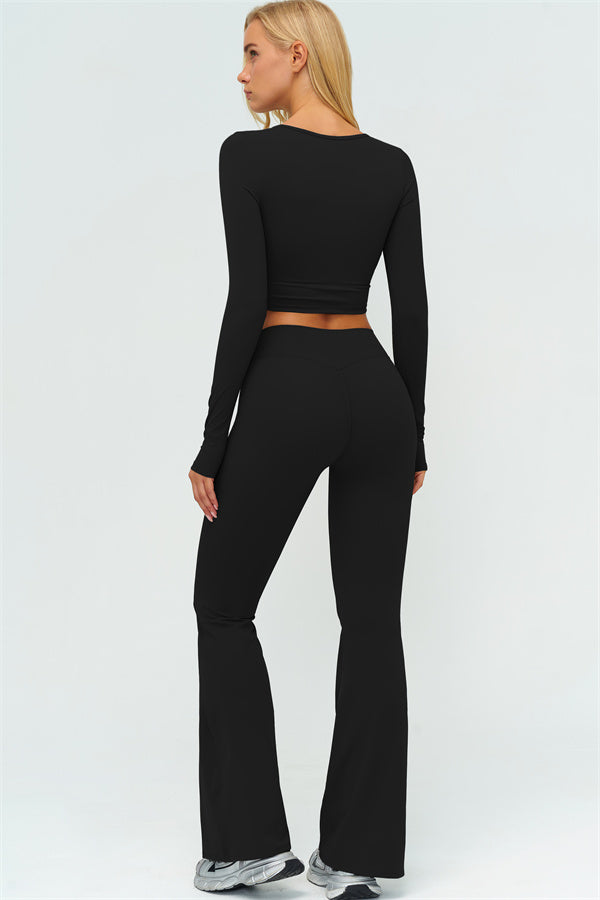 The Lushness Long Sleeve Crop Top Flared Leggings 2-Piece Set