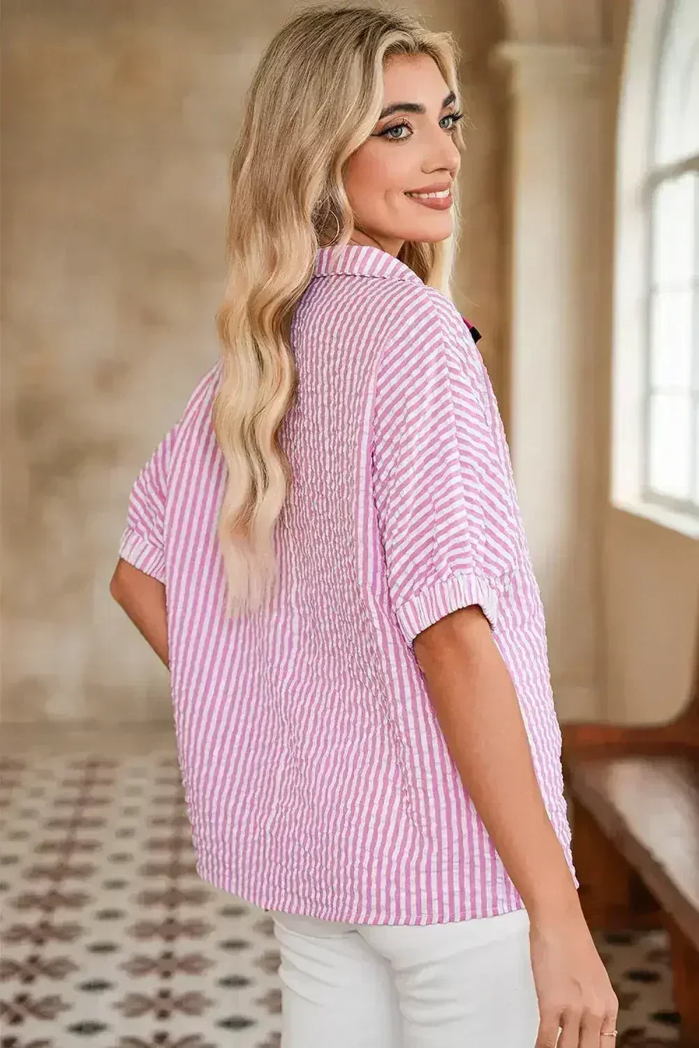 Sachet Pink Striped Dolman Sleeve Color Neckline Blouse | Femstylo