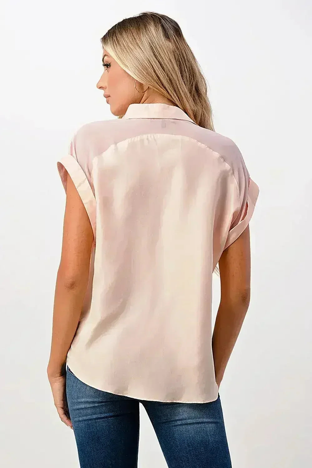 Rolled Sleeve Satin Blouse – Silk V-Neck Button-Up Tope | Femstylo