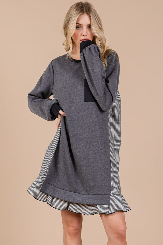 Striped Patchwork Round Neck Terry Sweatshirt Dress For Women – Casual, Trendy, Cozy, Playful, Relaxed Vibe for Everyday Wear