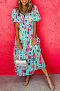 Sky Blue Abstract Print Short Puff Sleeve Tiered Maxi Dress