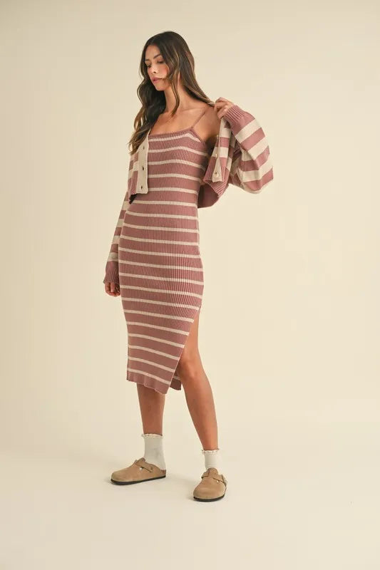 Stripe Crop Cardigan and Bodycon Dress Sweater Set – Two-Piece Knit Set, Striped Crop Cardigan Dress, Cozy Sweater Dress Set, Chic Layered Knit Outfit
