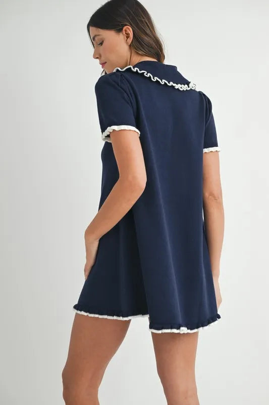 Ruffle Trimmed Collar Fine Knit Mini Dress For Women – Ruffle Mini Dress, Fine Knit Dress, Collar Dress, Feminine Mini Dress, Chic Knit Dress