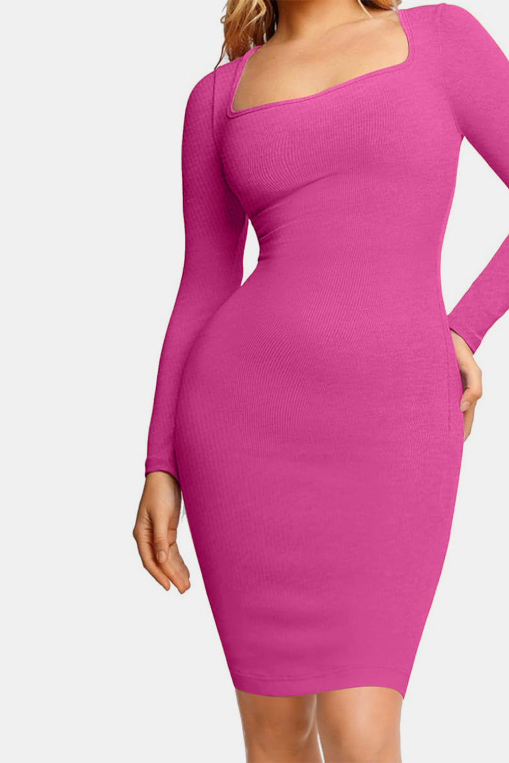 Elegant Black Full Size Built-In Shapewear Square Neck Long Sleeve Dress Sculpting Fit Dress for Women