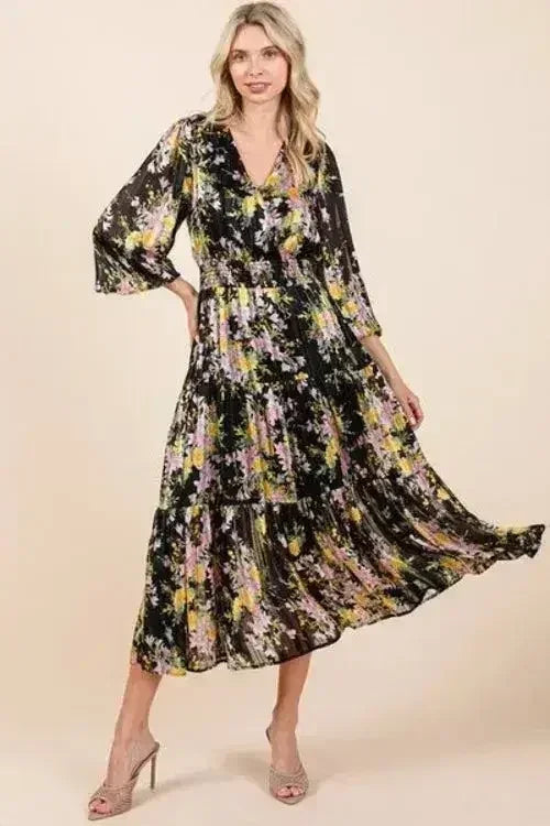Floral Lurex Stripe Midi Dress – Smocked Waist & Satin Shine | Femstylo