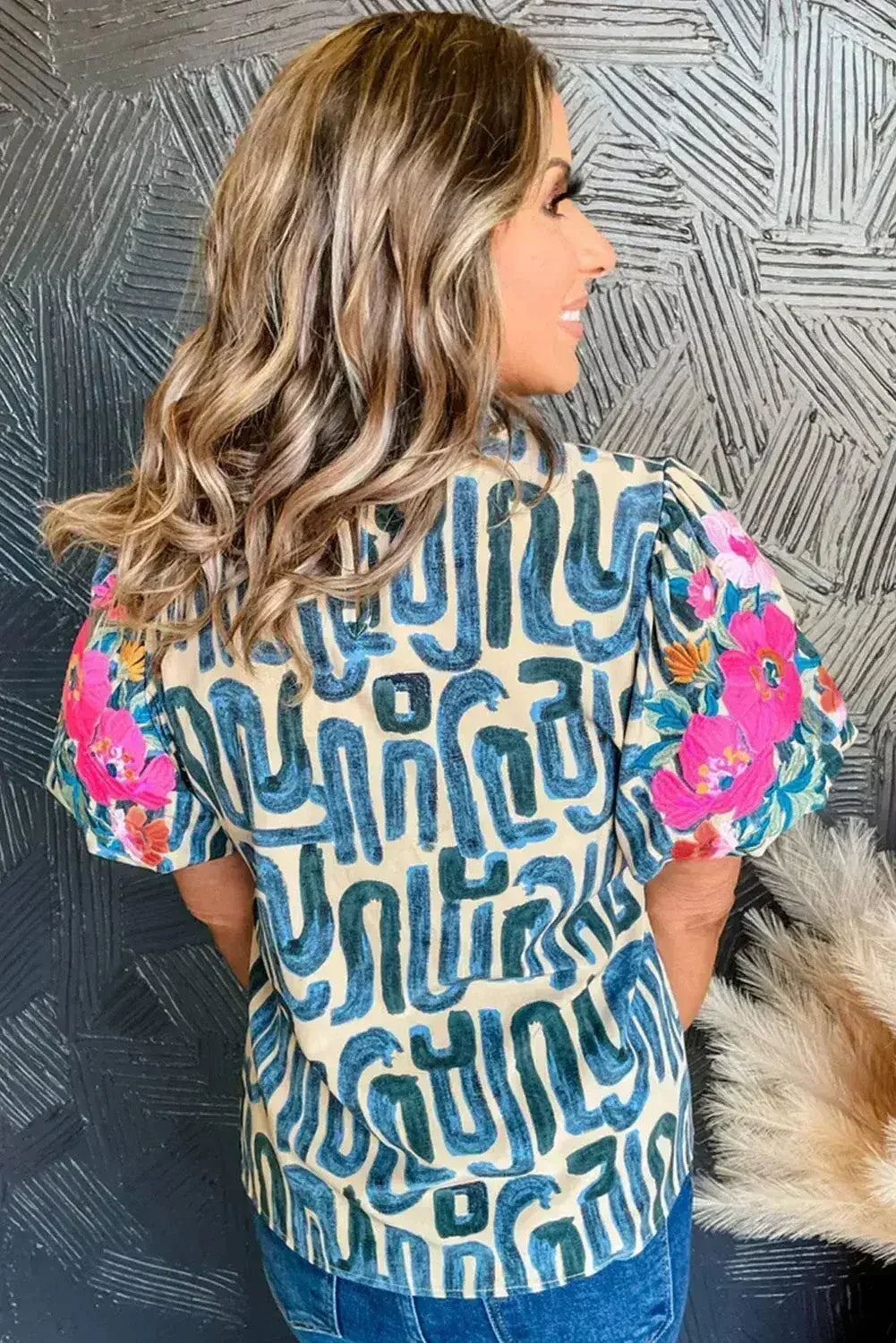 Beige Embroidered Puff Sleeve Frilled Neck Printed Top | Femstylo