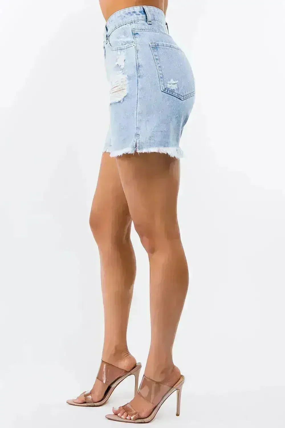 High Waist Distressed Denim Shorts - Raw Hem Style | Femstylo