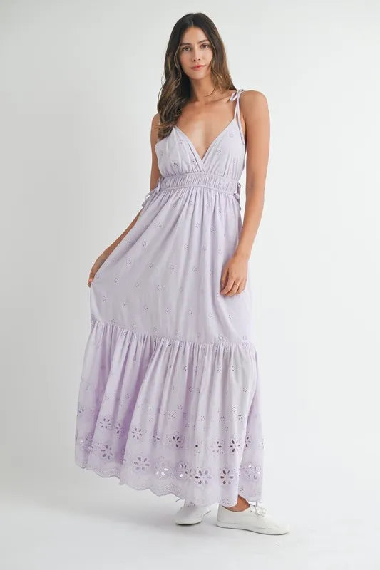 Eyelet Lace Maxi Dress With Side Strap Details – Elegant Fluttering Eyelet Lace Maxi Dress, Modern Side Strap Design, Formal Summer Maxi Dress, Sophisticated Event Dress