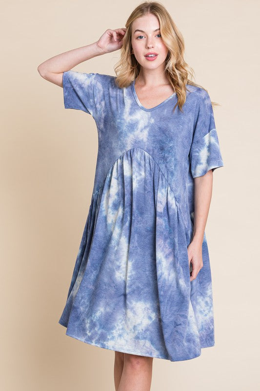 Tie-Dye V-Neck Half Sleeve Dress – Casual, Fluttering, Stylish and Trendy Tie-Dye Dress with Flattering V-Neck and Comfortable Half Sleeves
