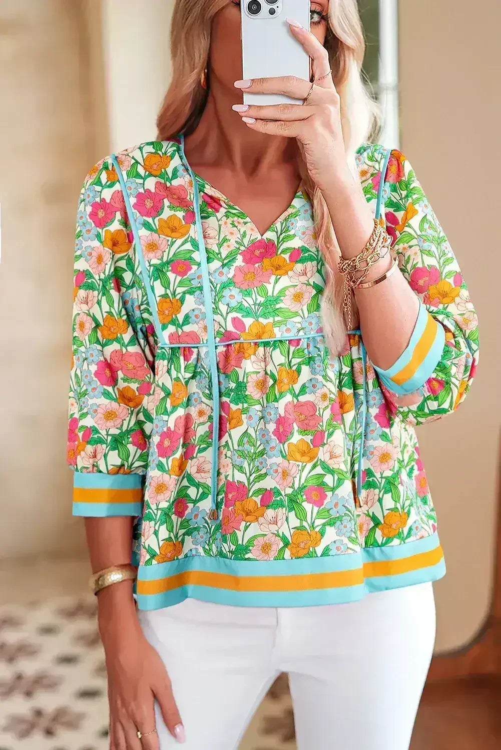 Green Floral Print Striped Trim Puff Sleeve Babydoll Blouse