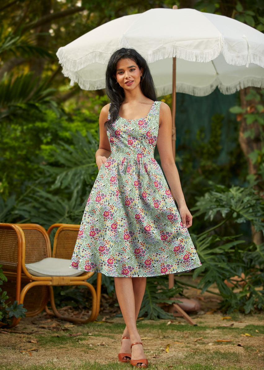 Floral Cats Fit & Flare Dress