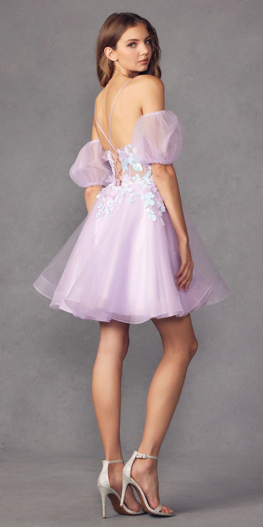 Juliet 901 Short Removable Puff Sleeves A-Line Glitter Tulle Dress
