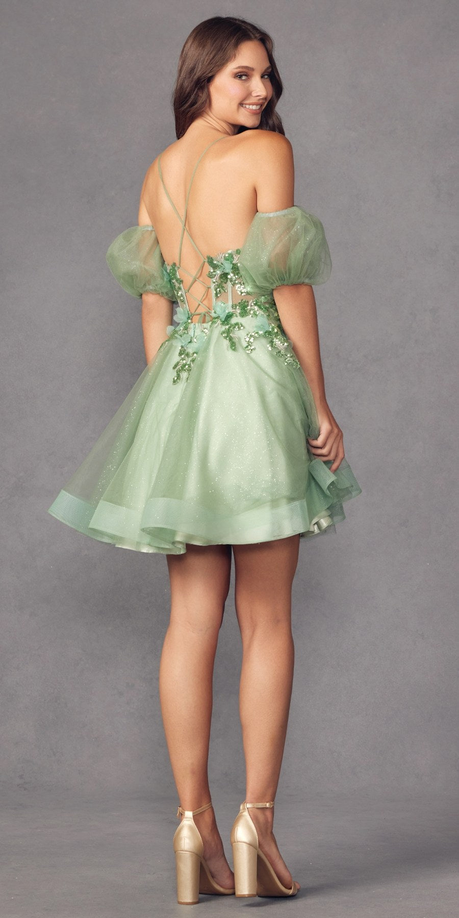 Juliet 901 Short Removable Puff Sleeves A-Line Glitter Tulle Dress