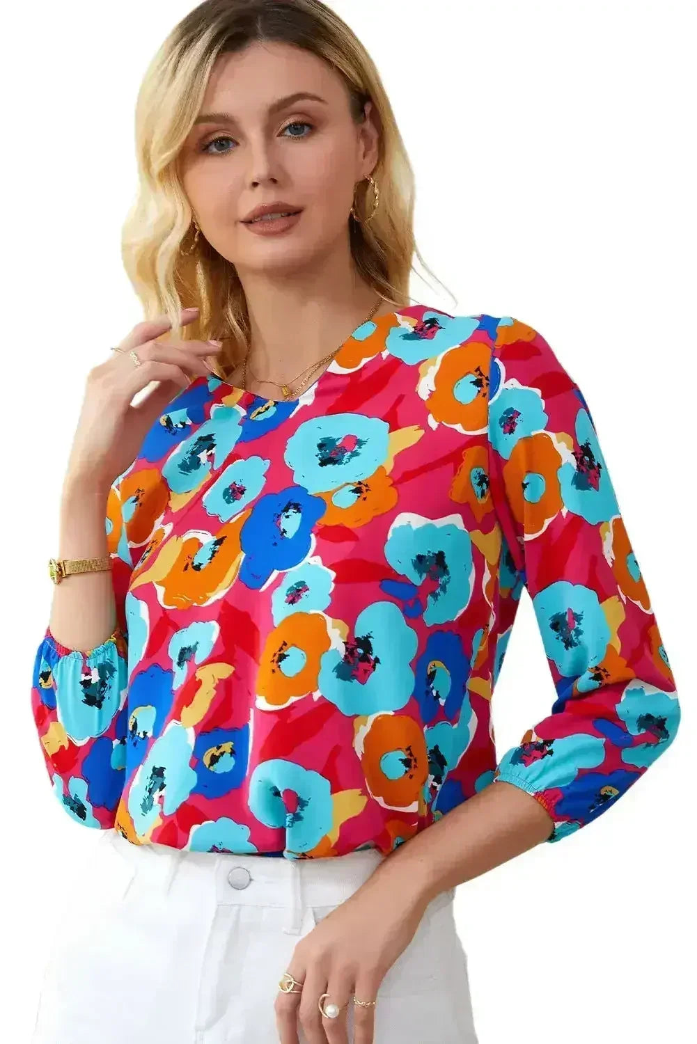 Floral Print V Neck Blouse - 3/4 Sleeve & Non-Stretch | Femstylo