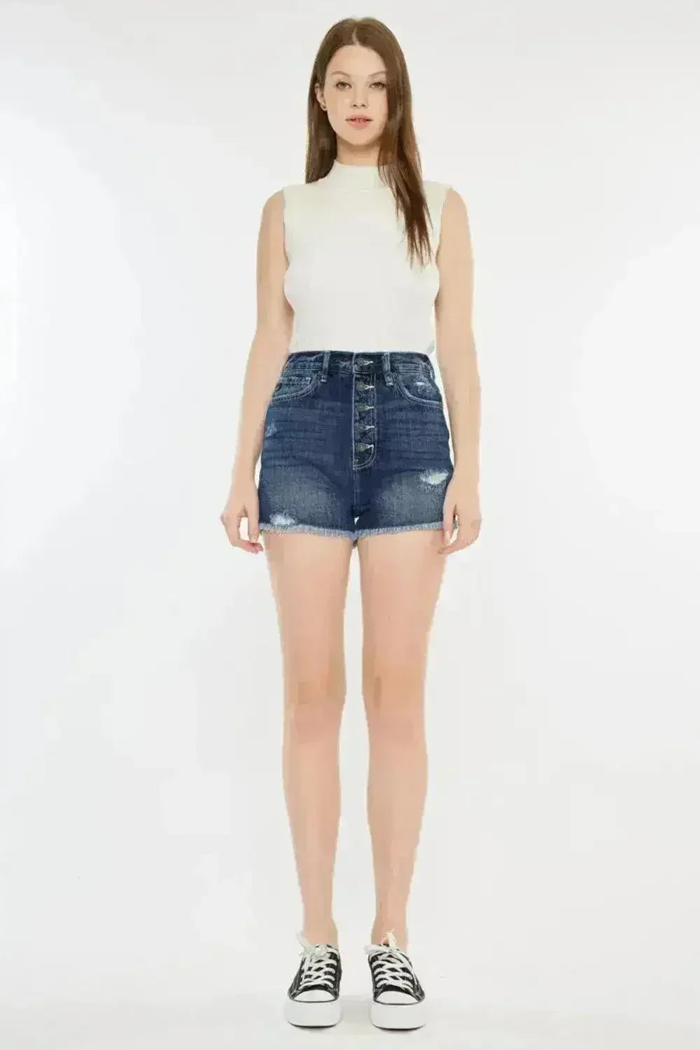Kancan Raw Hem Button Fly Denim Shorts