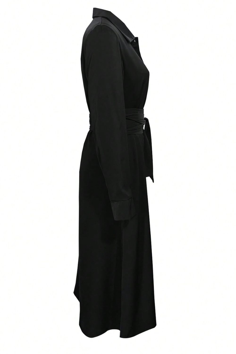 Elegant Black Collared Neck Long Sleeve Midi Shirt Dress Tied and Buttoned Women’s Dress