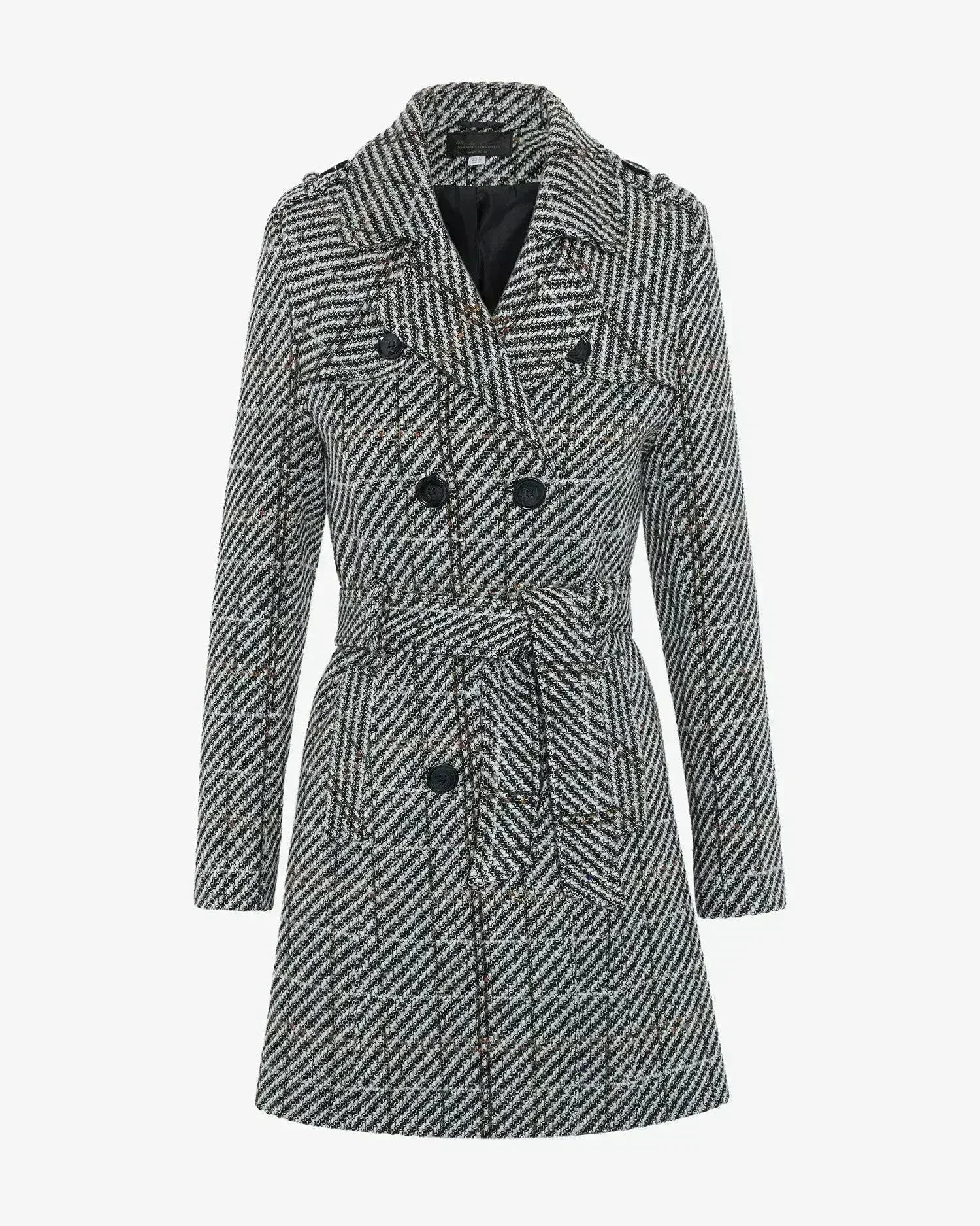Wool Blend Check Double Breasted Military Coat