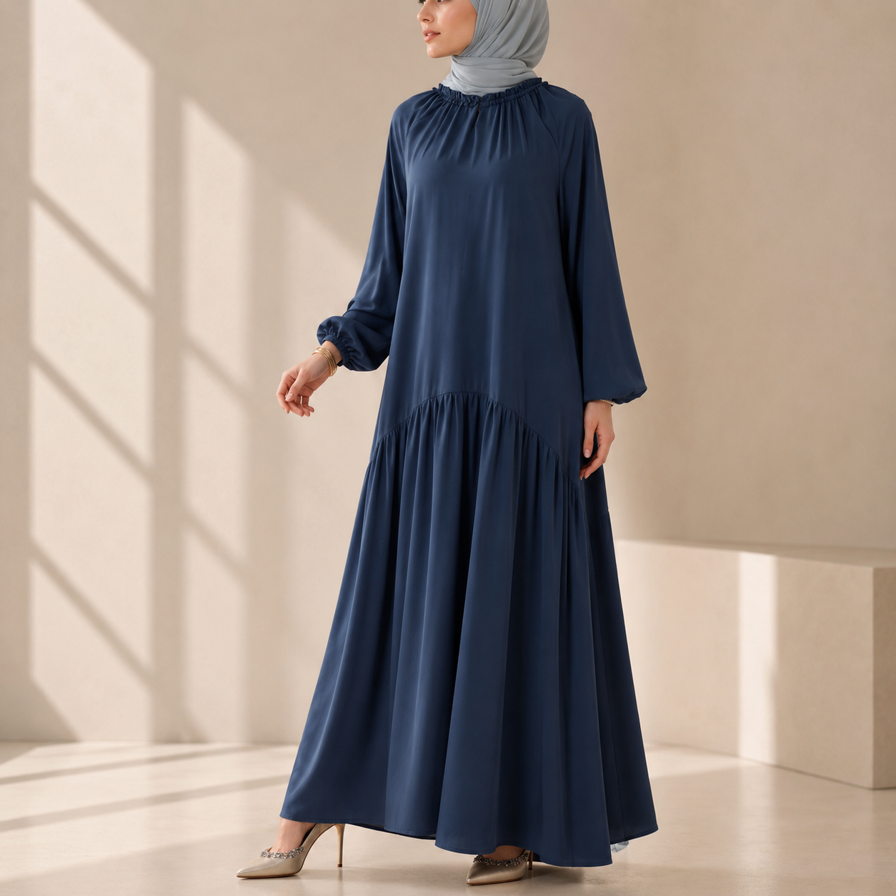 Ruffle Trim Pleated Relaxed Maxi Dress with Waist Tie(MA424)