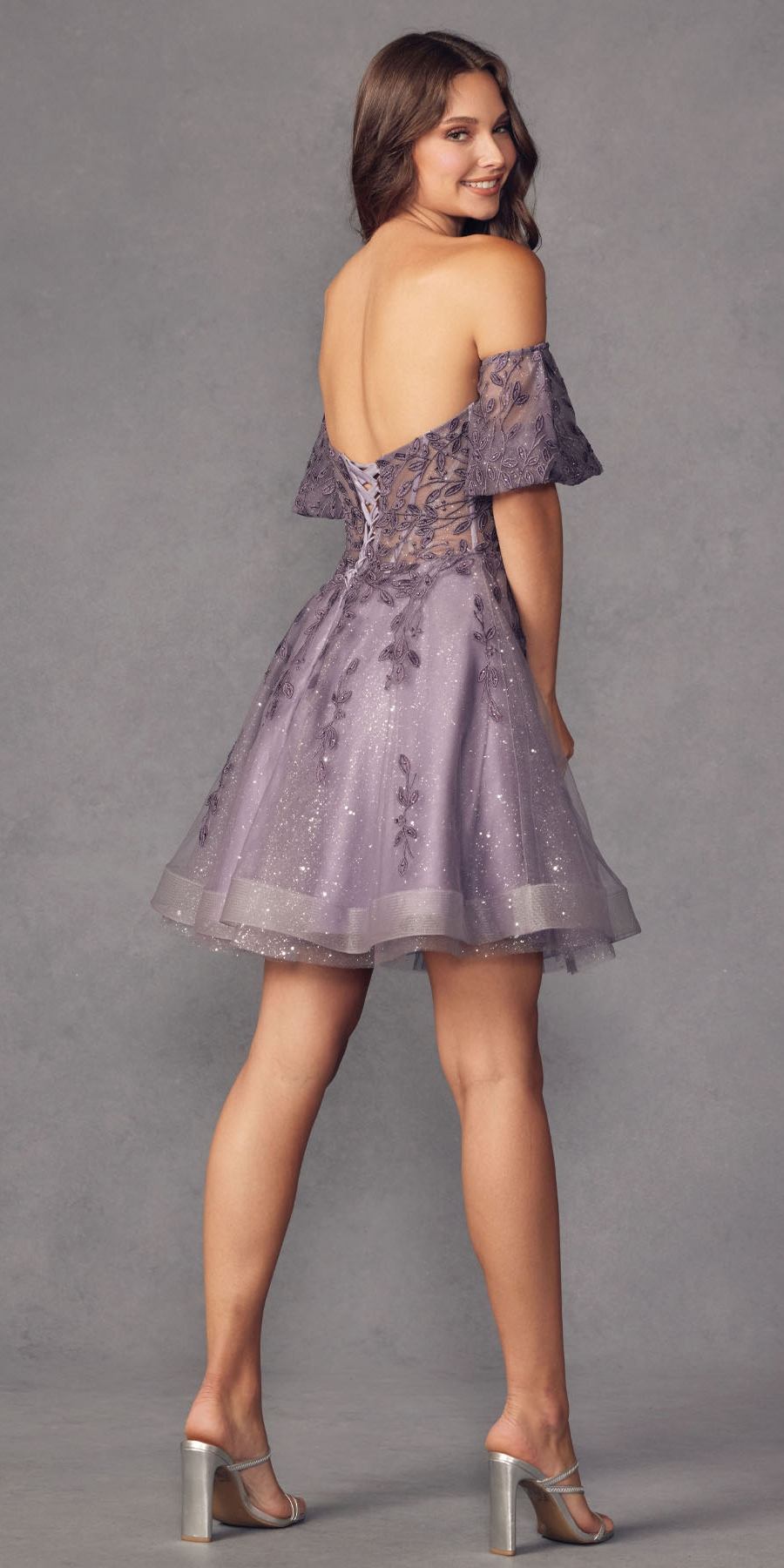 Juliet 909 Short A-Line Glitter Print Dress Removable Short Puff Sleeves