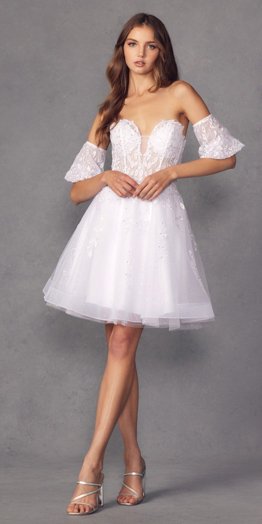 Juliet 909 Short A-Line Glitter Print Dress Removable Short Puff Sleeves
