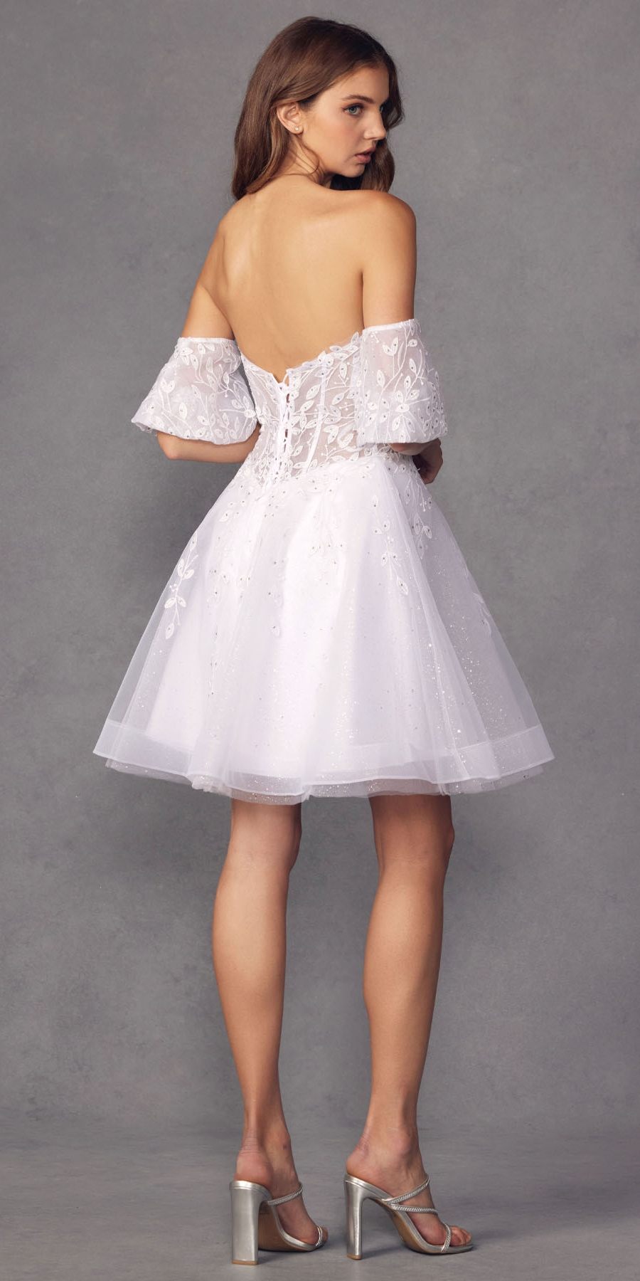 Juliet 909 Short A-Line Glitter Print Dress Removable Short Puff Sleeves