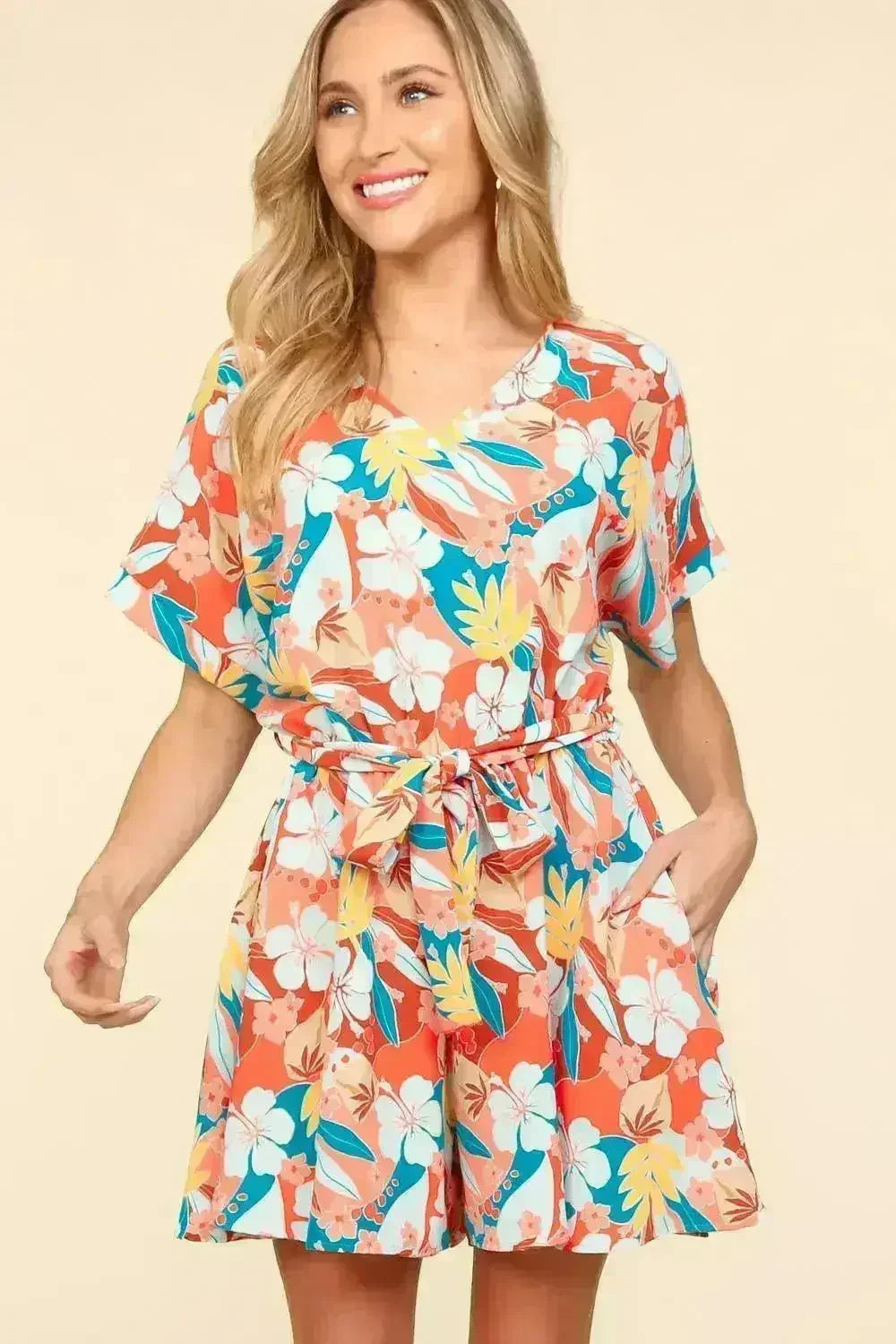 Tropical Floral Romper | Tied Waist Summer Jumpsuit | Femstylo