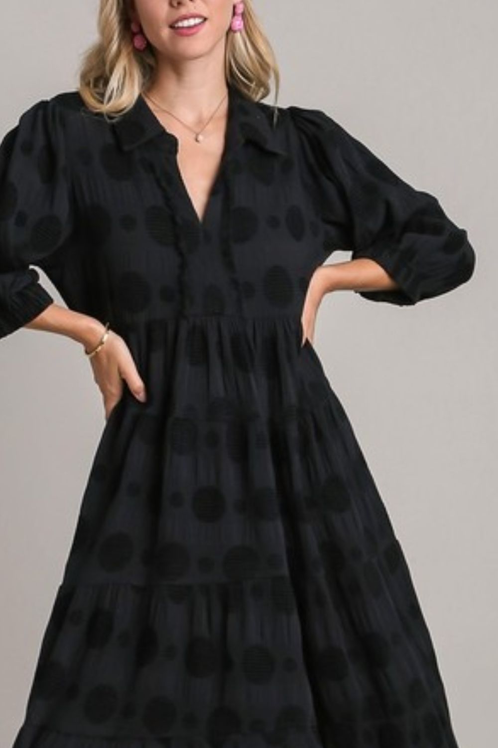 Black Full Size Solid Dotted Midi Dress Elegant Plus Size Fashion Women Dress
