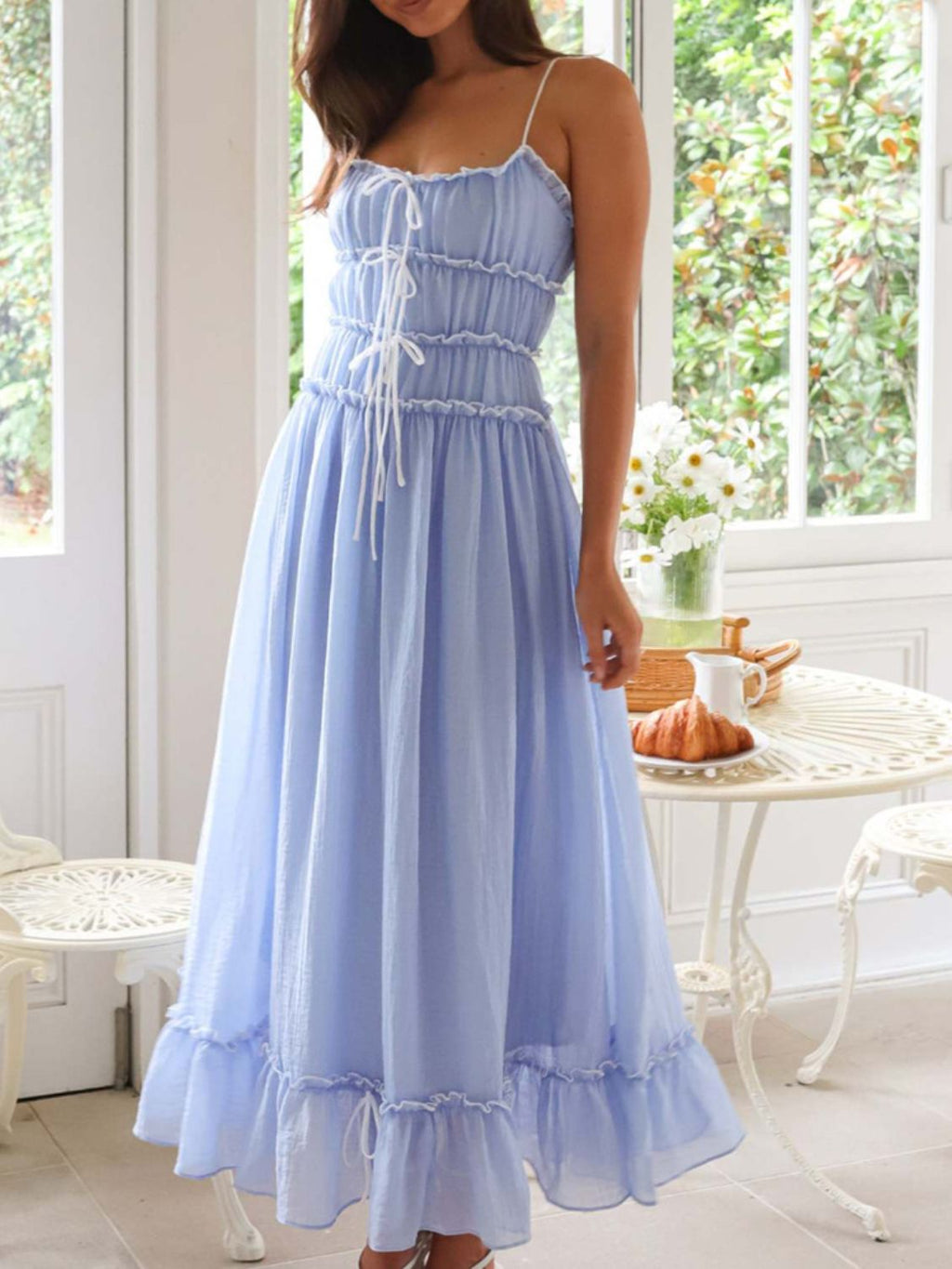 Vintage Ruffled Hem Midi Dress With Tied And Ruched Detail Elegant Feminine Girls Dress