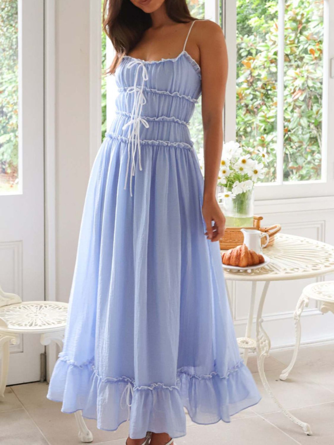 Vintage Ruffled Hem Midi Dress With Tied And Ruched Detail Elegant Feminine Girls Dress