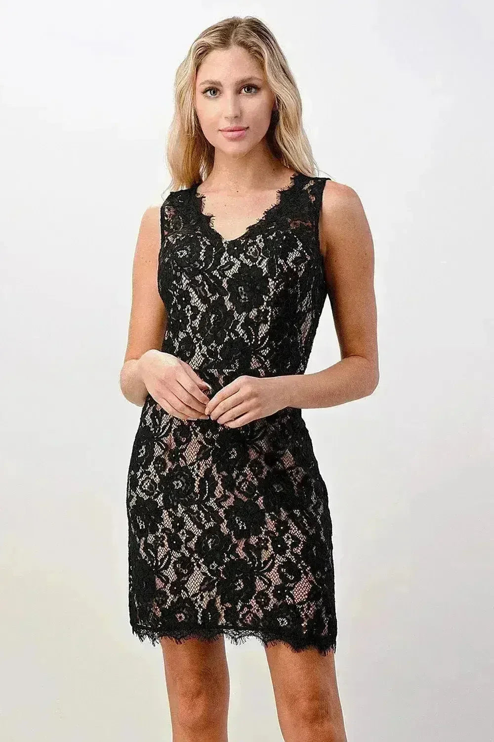 Sleeveless Lace Overlay Dress Scalloped Edges - Femstylo