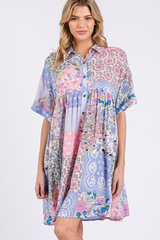 Pink Multicolor Floral Collared Neck Half Sleeve Mini Shirt Dress Feminine Floral Print Dress for Women