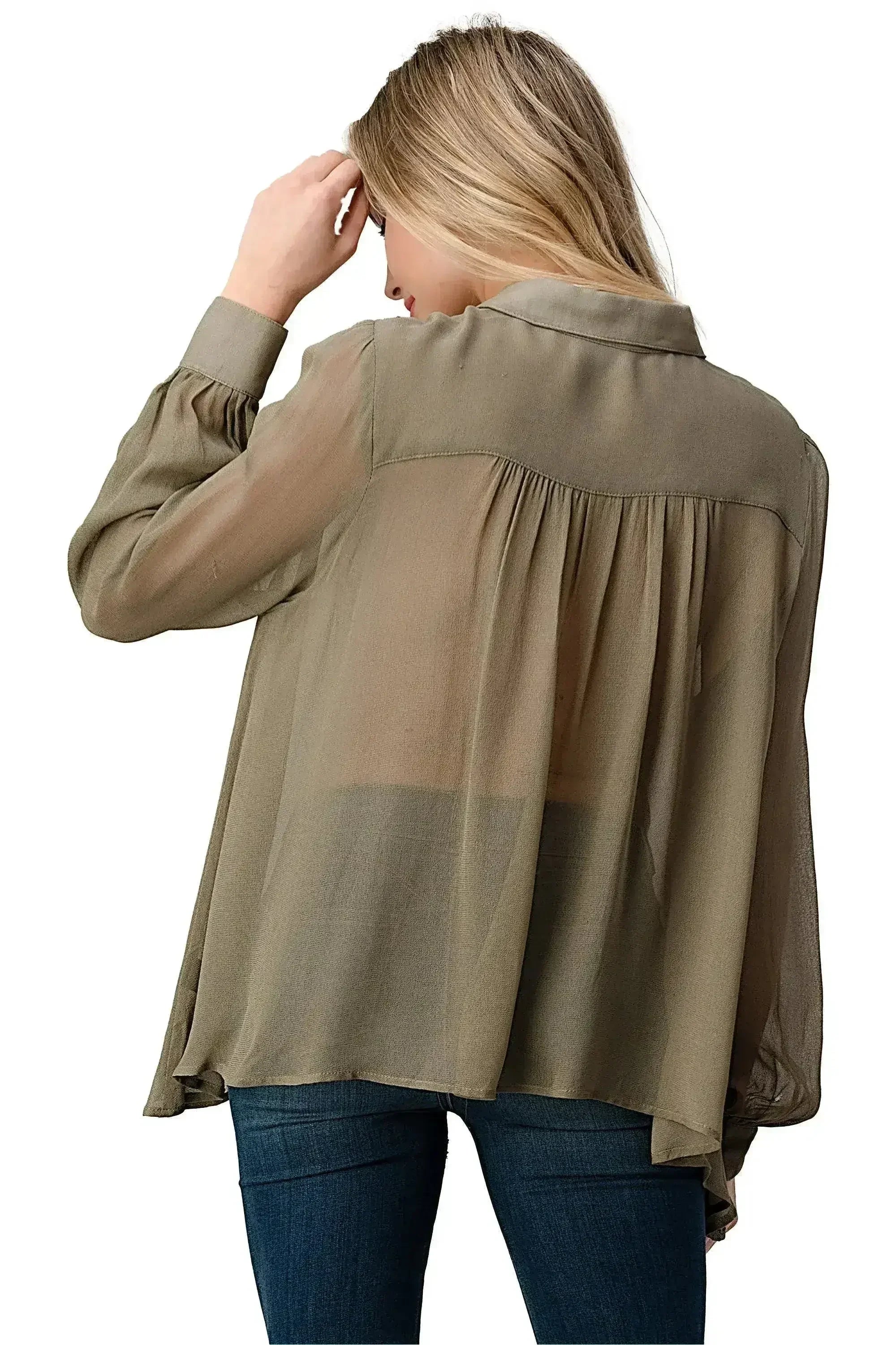 Embroidered Sheer Blouse - Beaded Jewel Trim Button-Up Top | Femstylo