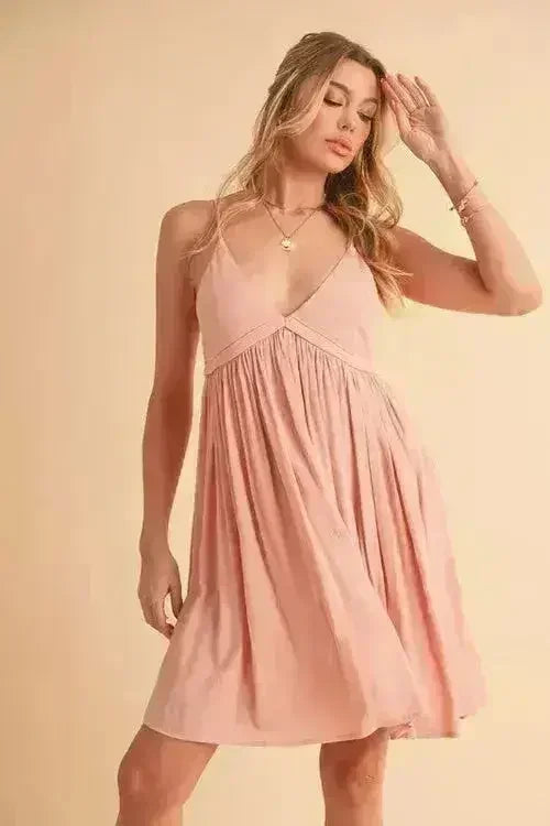 Ruched Plunge Neck Mini Cami Dress Sleeveless - Femstylo