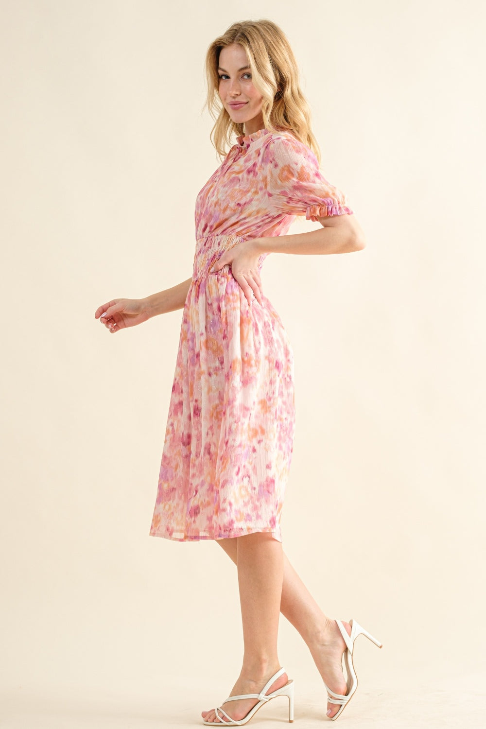 Full Size Smocked Waist Printed Midi Dress For Women – Elegant Smocked Midi Dress, Flattering Printed Midi Dress, Comfortable Fluttering Smocked Waist Dress, Vibrant Print Midi Dress, Chic Floral Midi Dress, Versatile Midi Dress