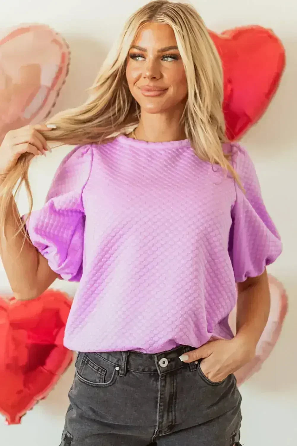 Phalaenopsis Puff Sleeve Blouse - Textured O-Neck Top | Femstylo