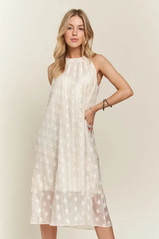 Applique Pearl Detail Grecian Neck Midi Dress For Women, Elegant Grecian Neck Dress with Applique Pearl Detailing for Formal Occasions & Galas