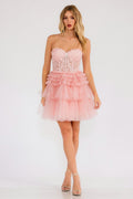 Juliet JT918A Dress Strapless Cocktail Leaf Lace Corset Bodice Ruffle Skirt
