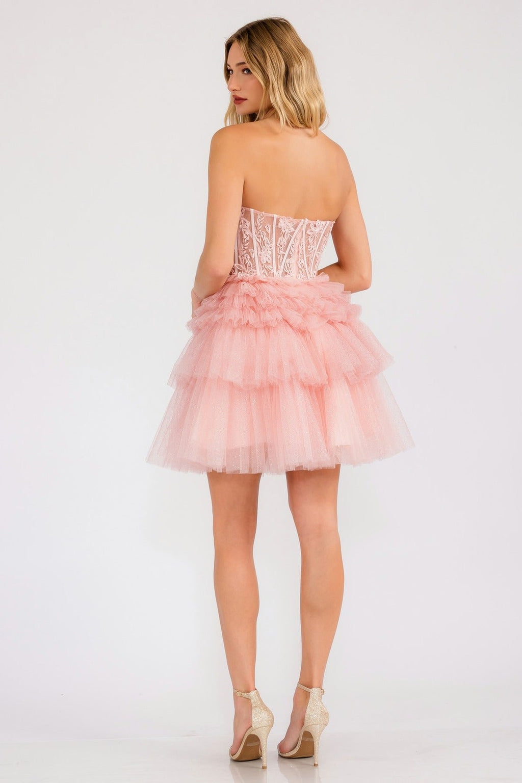 Juliet JT918A Dress Strapless Cocktail Leaf Lace Corset Bodice Ruffle Skirt