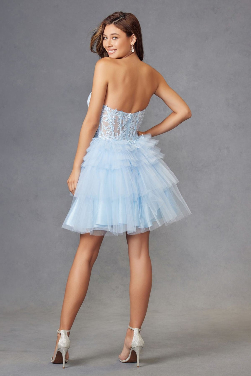Juliet JT918A Dress Strapless Cocktail Leaf Lace Corset Bodice Ruffle Skirt