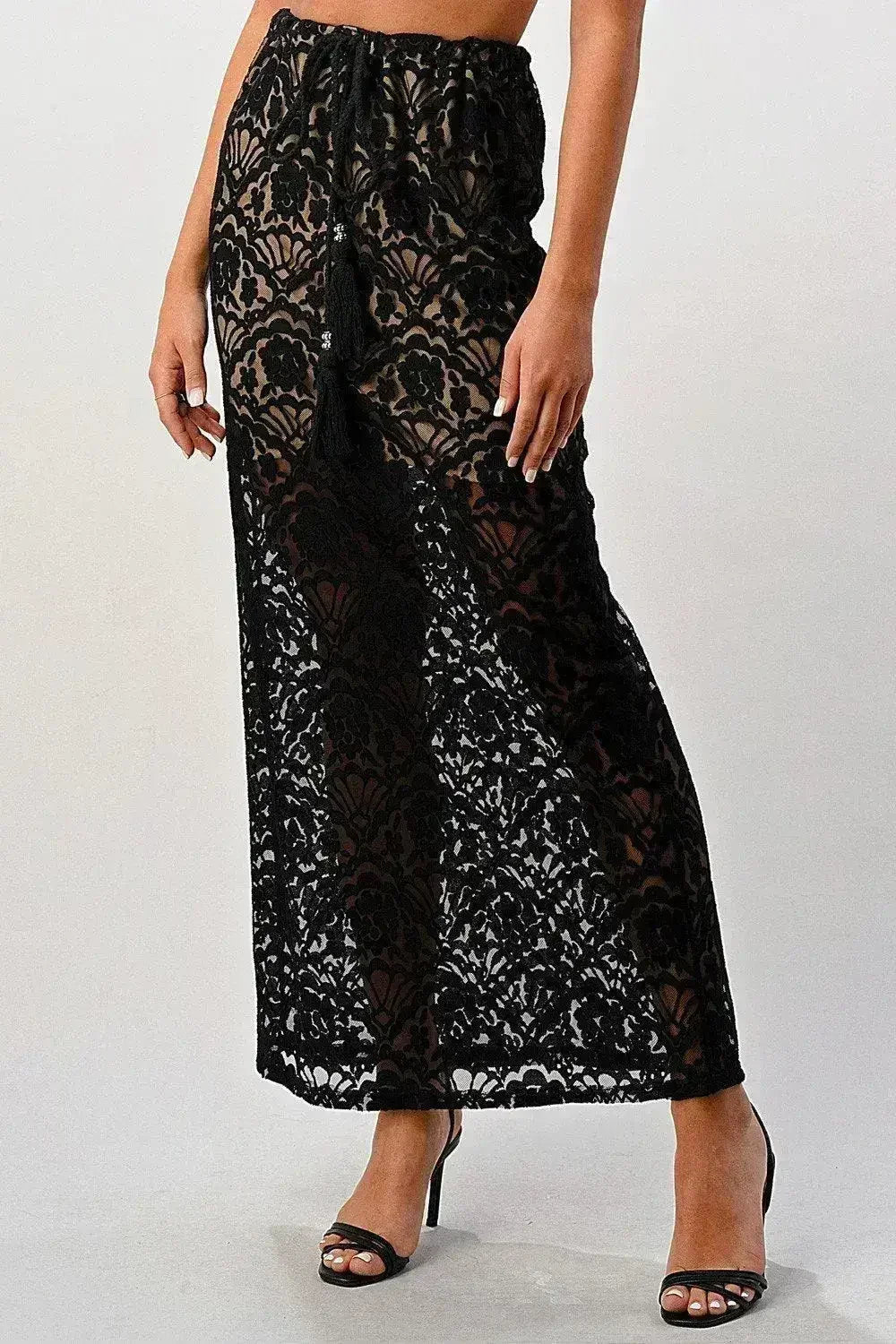 Sheer Lace Maxi Skirt - Drawstring Waist & Bow | Femstylo