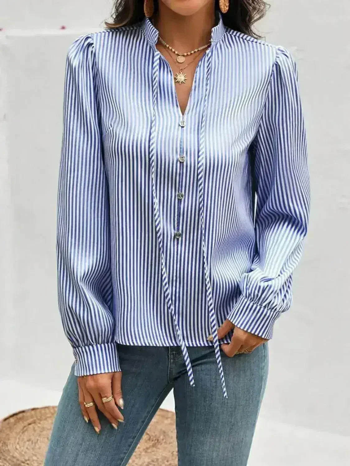 Striped Tie Neck Long Sleeve Blouse – Femstylo