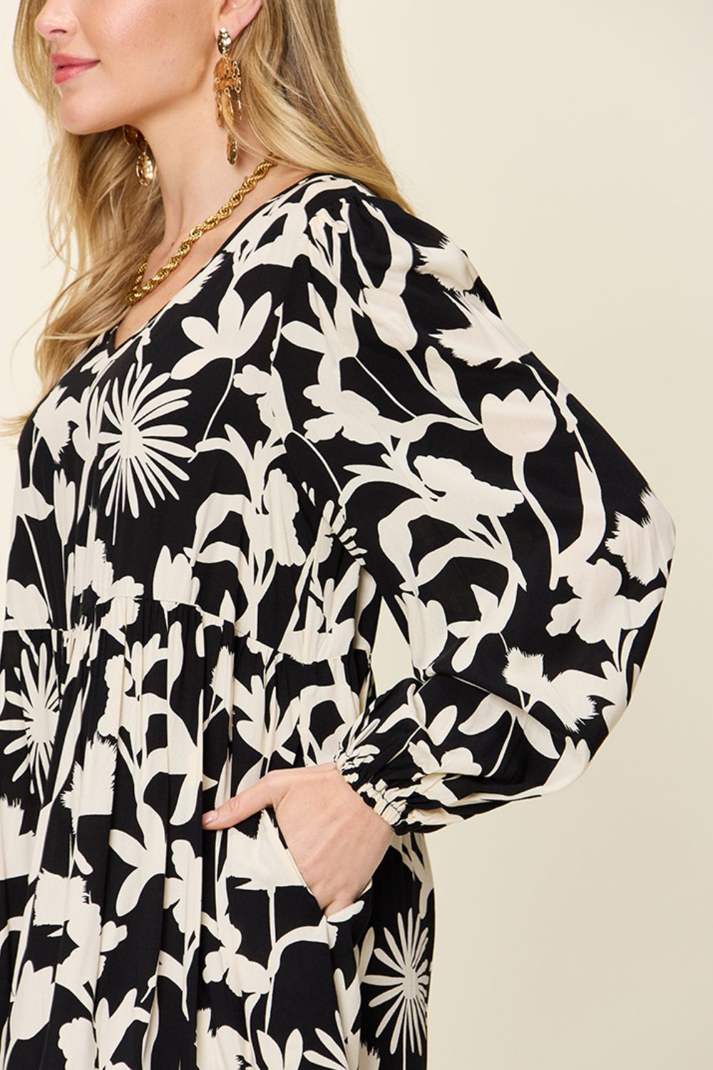 Double Take Full Size Printed Ruffle Hem Dress with Pocket Stylish & Functional Women Dress