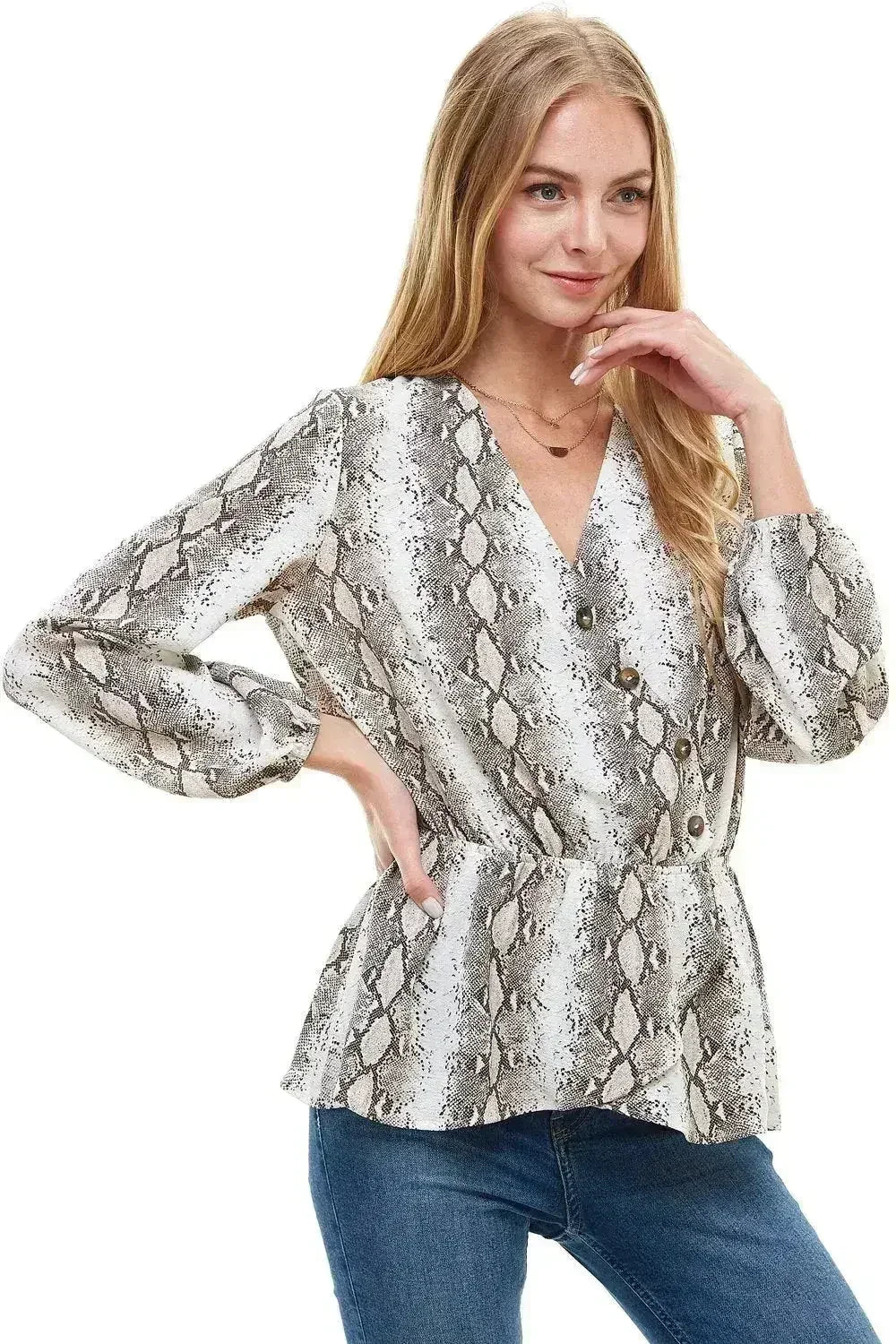 Snake V neck Button Front Peplum Long Sleeve Blouse Top | Femstylo