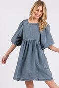 Washed Round Neck Puff Sleeve Denim Dress – Casual, Vintage-Inspired, Comfortable & Chic, Effortlessly Stylish, Classic Denim Dress